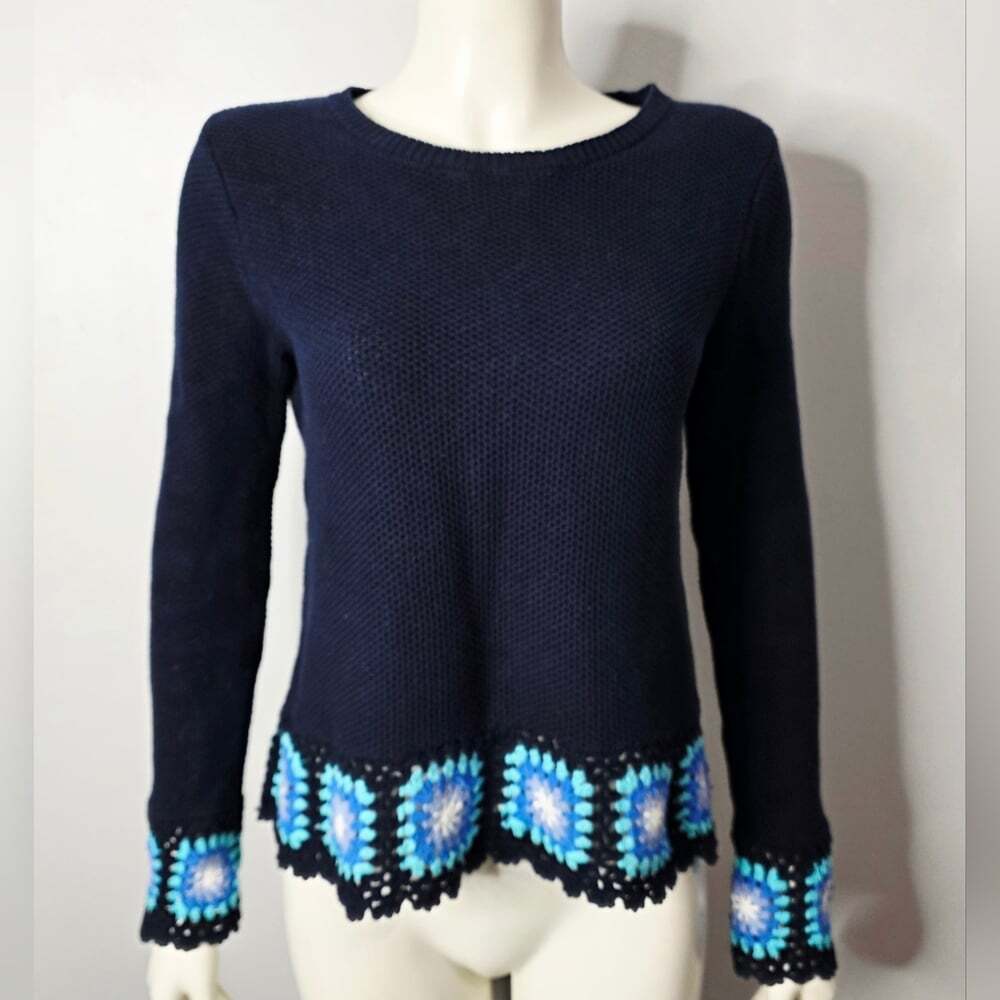 Joseph A Dark Blue Sweater with Crochet Granny Square Trim